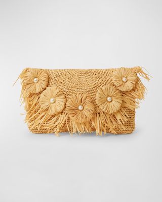 Imanta Floral Fringe Raffia Clutch Bag