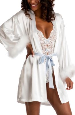 In Bloom by Jonquil Bride Feather Trim Satin Wrap & Lace Teddy Set in Ivory