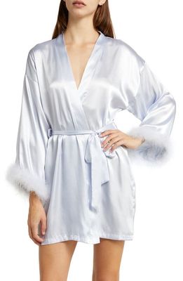 In Bloom by Jonquil Feather Trim Satin Robe in Ice Blue