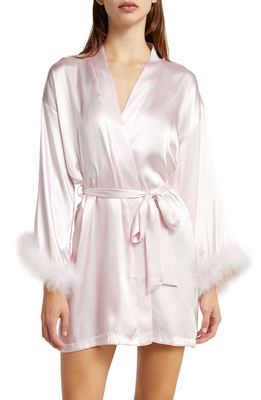 In Bloom by Jonquil Feather Trim Satin Robe in Powder Puff Pink