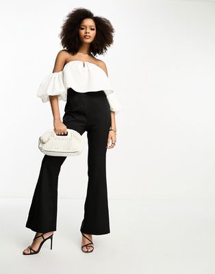 In The Style bardot puff sleeve flared jumpsuit in black and white-Multi
