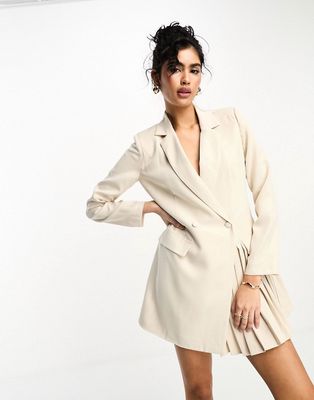 In The Style blazer dress with pleat hem detail in cream-White