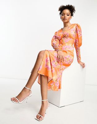 In The Style button up shirred cuff detail midi tea dress in orange floral print-Multi