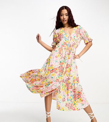 In The Style exclusive button through puff sleeve midi dress in ditsy floral-Multi