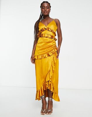 In The Style exclusive satin asymmetric ruffle detail maxi dress in ochre-Yellow