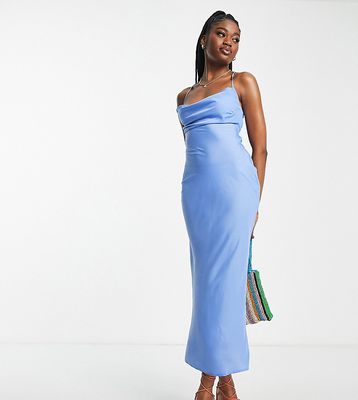 In The Style exclusive satin cowl neck midi dress in light blue