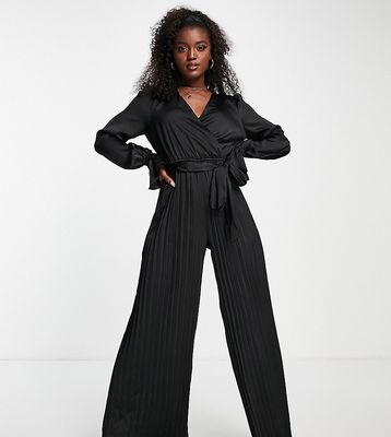 In The Style exclusive satin wrap detail pleated wide leg jumpsuit with belt in black