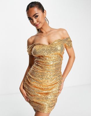 In The Style Exclusive sequin off-shoulder mini dress in gold