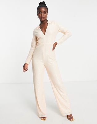 In The Style exclusive sequin plunge front wide leg jumpsuit in champagne-Neutral