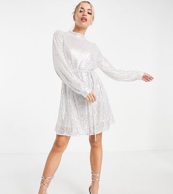 In The Style Exclusive sequin tie waist volume sleeve oversized mini dress in silver-Gold