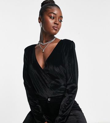 In The Style exclusive velvet wrap detail bodysuit in black - part of a set