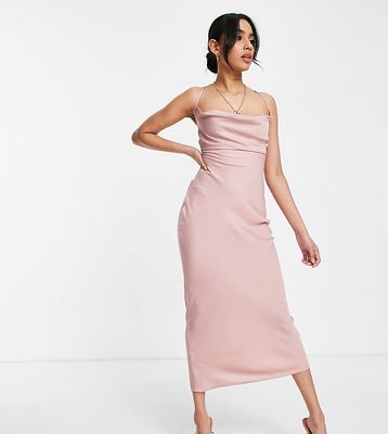 In The Style Petite Exclusive satin cowl neck midi dress in blush pink