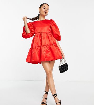 In The Style Petite exclusive satin puff sleeve tiered mini prom dress in red