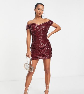 In The Style Petite exclusive sequin off shoulder mini dress in ginger-Red