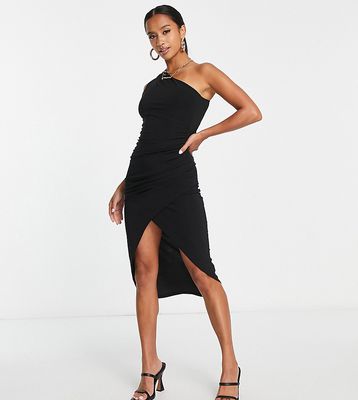 In The Style Petite x Yasmin Devonport exclusive ruched one shoulder asymmetric drape midi dress in black