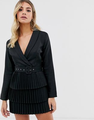 In The Style plunge front blazer dress with pleated skirt in black