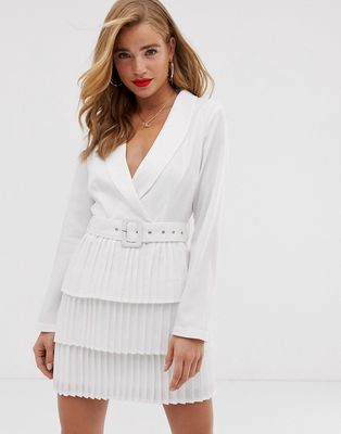 In The Style plunge front blazer dress with pleated skirt in white