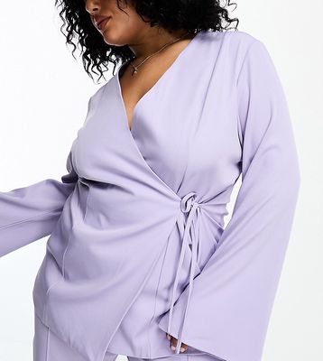 In The Style Plus belted kimono tie front blazer in lilac - part of a set-Purple
