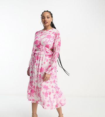 In The Style Plus chiffon side cut out tiered midi dress in pink floral-Multi