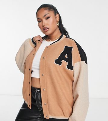 In The Style Plus contrast oversized varsity bomber jacket in camel-Neutral