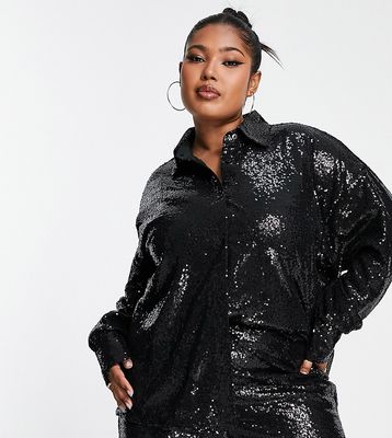 In The Style Plus Exclusive sequin oversized shirt in black - part of a set