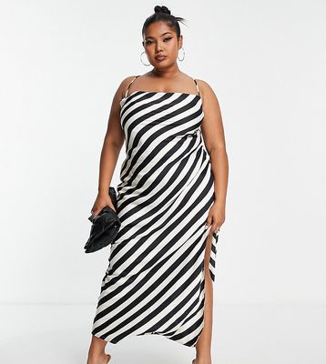In The Style Plus satin side split maxi dress with lace up back detail in monochrome stripe-Multi