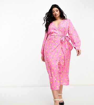 In The Style Plus wrap tie side midi shirt dress in pink print-Multi