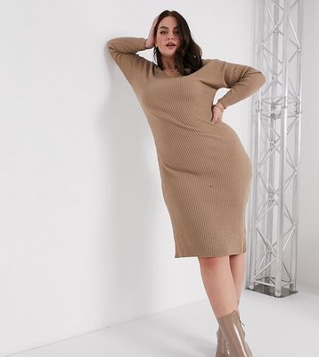 In The Style Plus x Billie Faiers plunge front knit midi dress in mocha-Brown