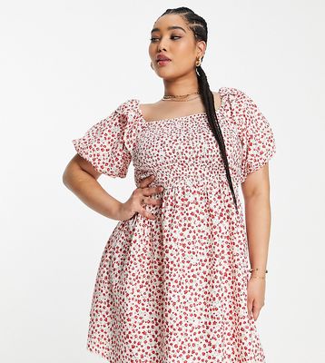 In The Style Plus x Jac Jossa shirred bust ruffle sleeve tiered mini smock dress in berry floral-Multi