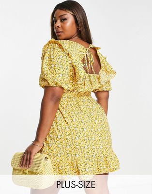 In The Style Plus x Jac Jossa volume sleeve mini tea dress in yellow floral print-Multi