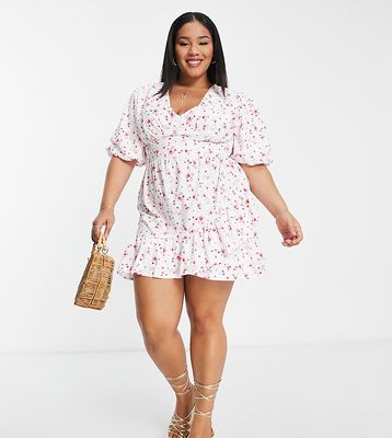 In The Style Plus x Perrie Sian puff sleeve frill wrap detail mini dress in white ditsy print-Multi