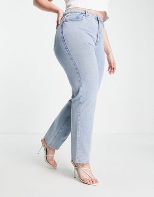 In The Style Plus x Perrie Sian straight leg jeans in mid blue wash