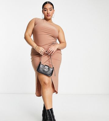 In The Style Plus x Yasmin Devonport exclusive ruched one shoulder asymmetric drape midi dress in tan-Brown