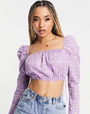In The Style poplin square neck long sleeve crop top in white-Purple