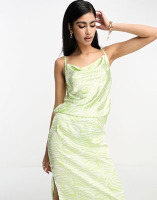 In The Style satin cowl neck cami top in lime swirl print-Multi