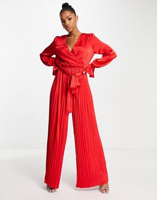 In The Style satin wrap detail pleated wide leg jumpsuit with belt in red