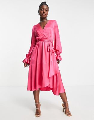 In The Style satin wrap detail volume sleeve midi dress with asymmetric ruffle hem in pink
