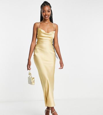 In The Style Tall exclusive satin cowl front midi dress in gold