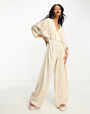 In The Style V-neck batwing sleeve wide leg jumpsuit in stone-Neutral