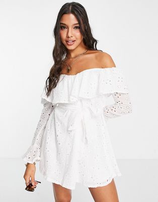 In The Style x Billie Faiers lace embroidered off shoulder mini skater dress in white