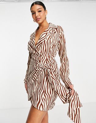 In The Style x Billie Faiers wrap detail dress with frill detail in brown leopard-Multi