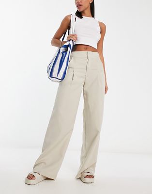 In The Style x Gemma Atkinson high rise wide leg pants in beige-Neutral