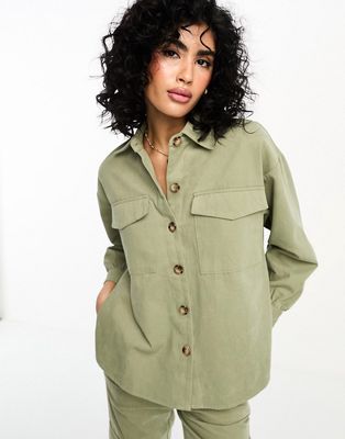 In The Style x Gemma Atkinson oversized utility shirt in khaki - part of a set-Green