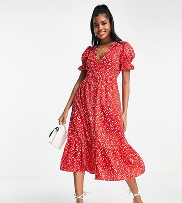 In The Style x Jac Jossa exclusive button through puff sleeve midi dress in red ditsy print-Multi