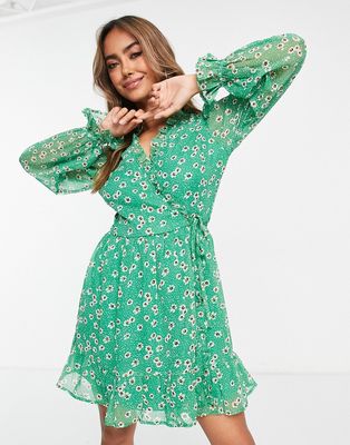 In The Style x Jac Jossa frilly trim wrap tea dress in green daisy print-Multi