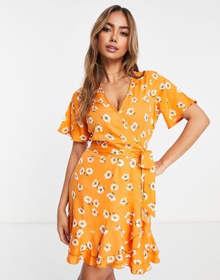 In The Style x Jac Jossa puff sleeve square neck midi tea dress in orange daisy print-Multi