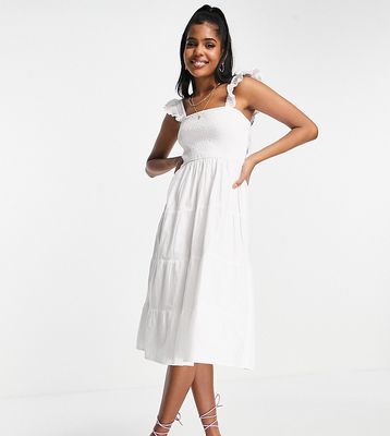 In The Style x Jac Jossa shirred bust frill sleeve tiered maxi dress in white