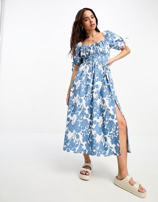 In The Style x Jac Jossa sweetheart puff sleeve midi dress in blue floral print-Multi