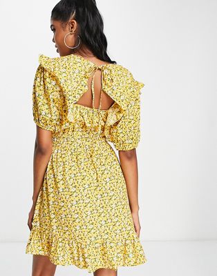 In The Style x Jac Jossa volume sleeve mini tea dress in yellow floral print-Multi