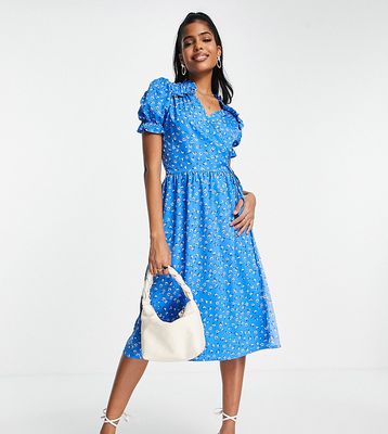 In The Style x Jac Jossa wrap detail frilly sleeve belted midi dress in navy floral-Multi